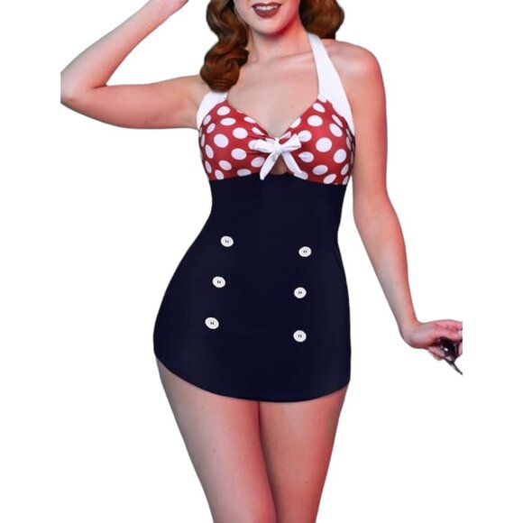 One Piece Plus Size XXL Navy Blue Red & White Vintage Style Halter Top Swimsuit - Picture 7 of 9